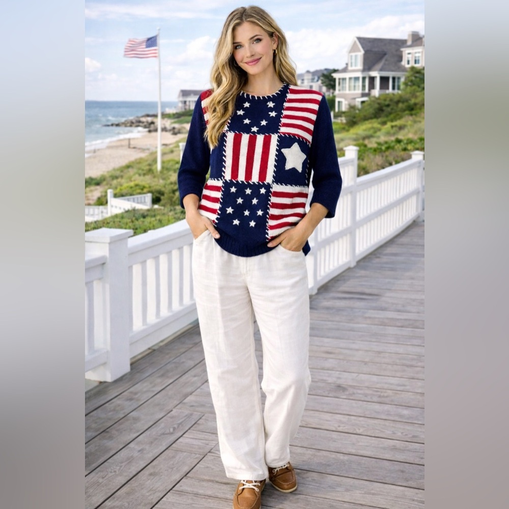 Vintage 90s Chaus Sport American Flag Sweater Ramie Knit Americana Coastal Prep